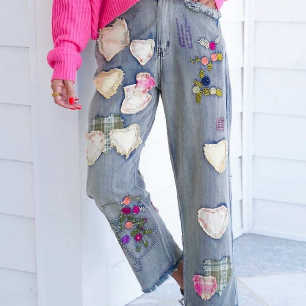 Blue Velvet Embroidered Patchwork Jeans